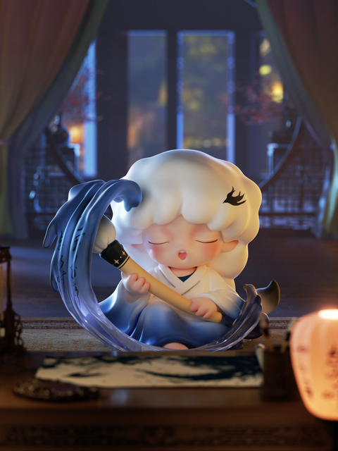 A silver-haired artist in flowing robes paints with sweeping brush strokes as waves of ink dance around. The lantern-lit room and fluid motion create a tranquil rhythm, expressing Yumo’s dreamlike balance between craftsmanship, peace, and divine artistry.